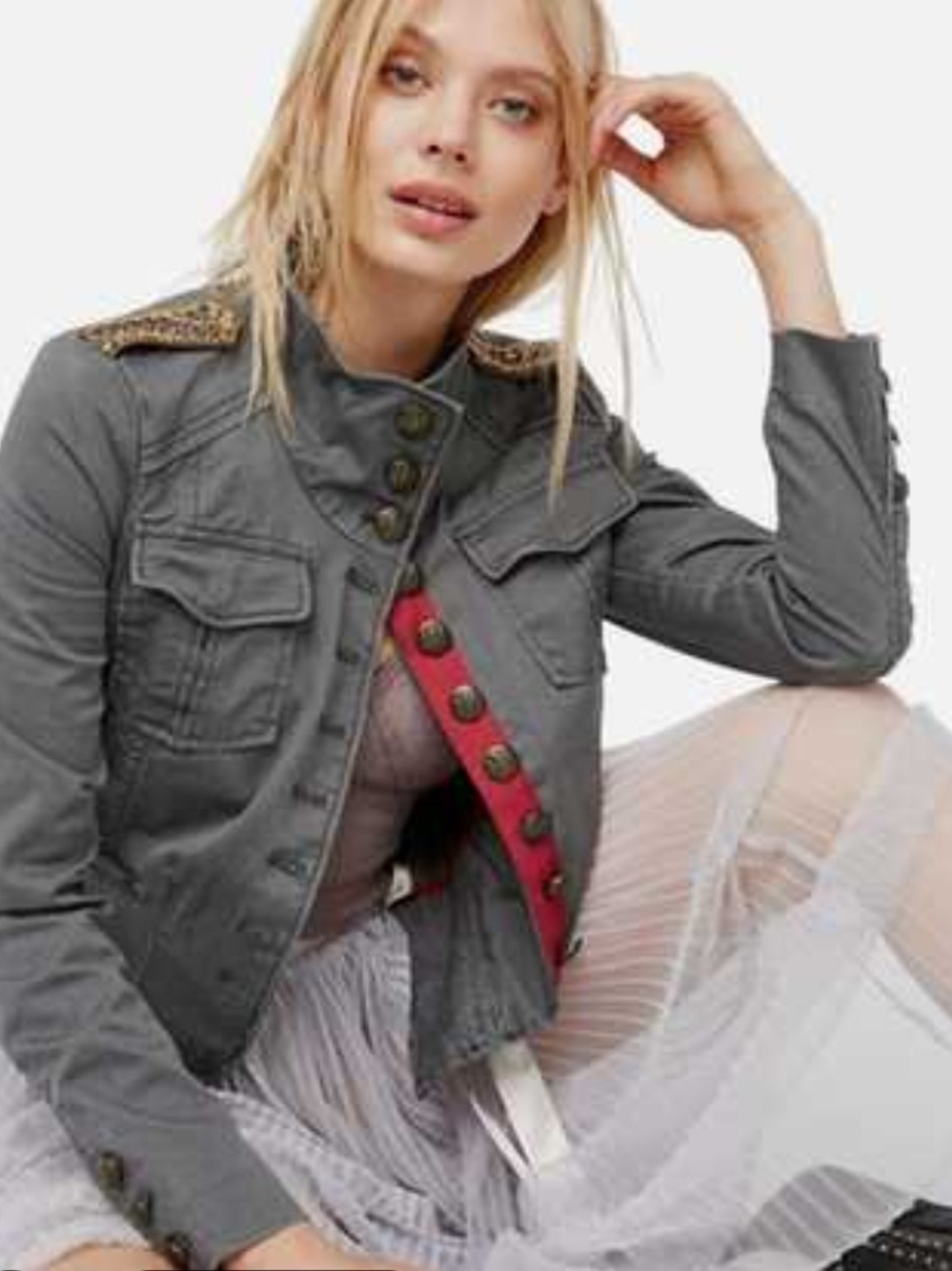 Free People Gray military jacket red trim & gold buttons LARGE 1 BUTTON missing